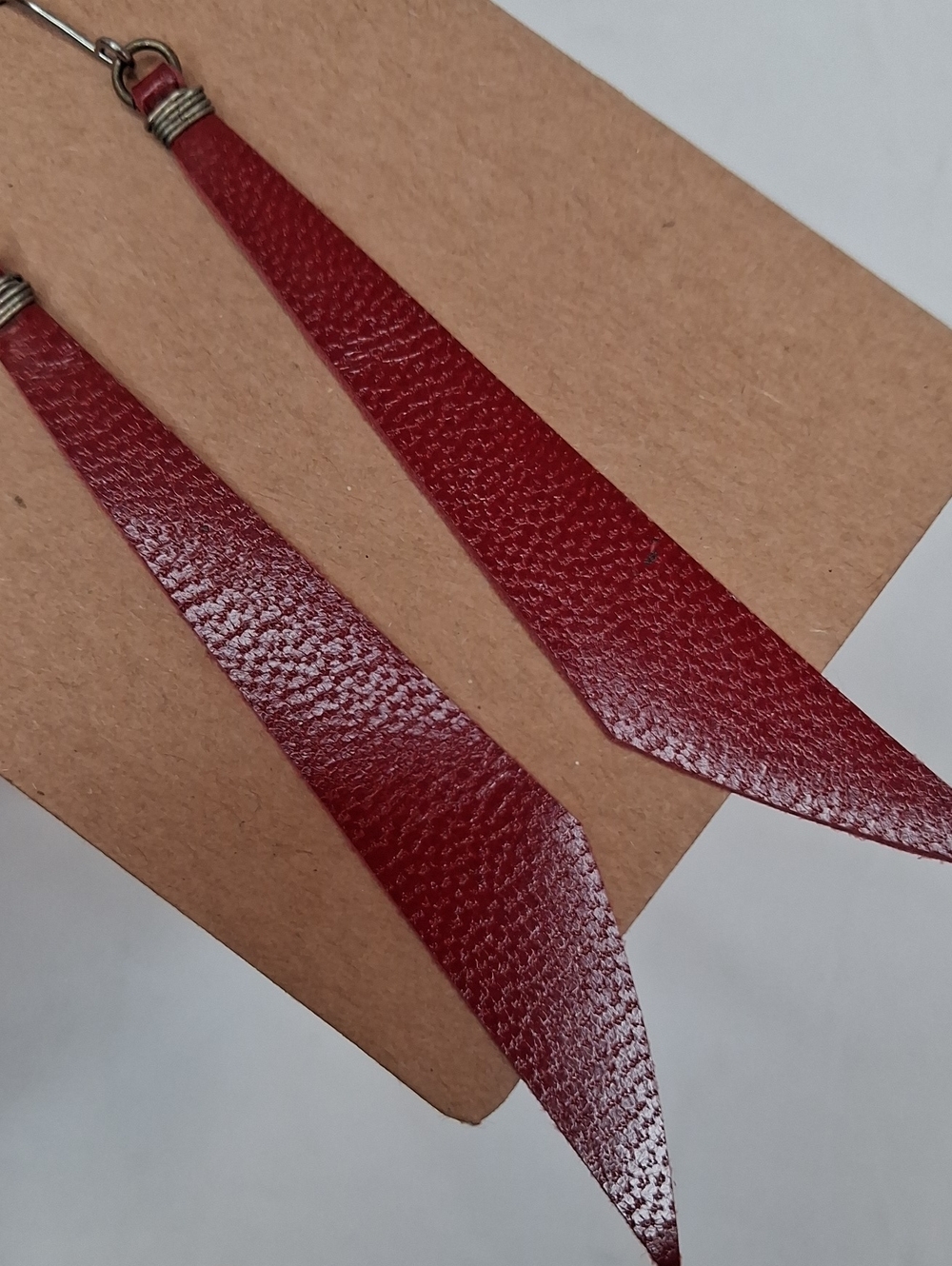 Red Leather Geometric Drop Earrings Handmade Dangle Earrings - Picture 2 of 4